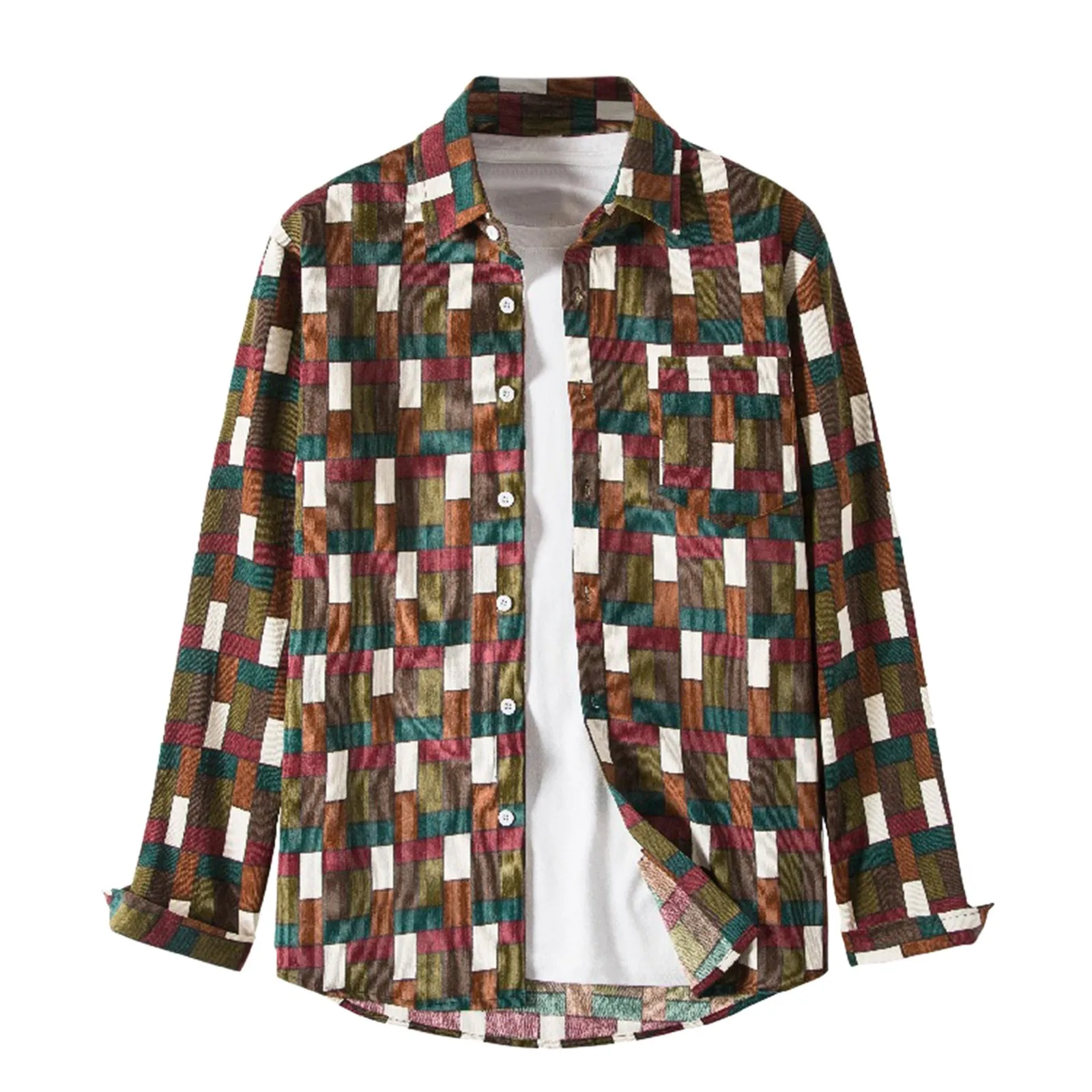 

Autumn Men's Shirts Geometry Patchwork Oversize Shirts for Men Corduroy African Ethnic Style Shirt Coat Long Sleeve Streetwear