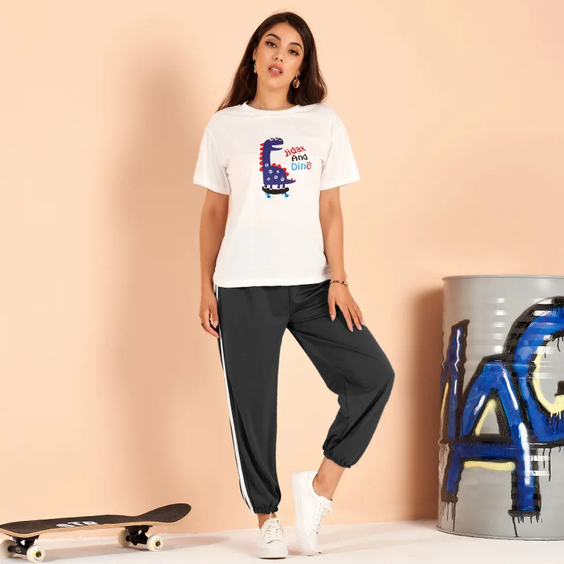 

Women's Tracksuit Summer Trouser Suit Loose Cute Letter Dinosaur Print Stretchable White T-shirt Black Casual 2 Pieces Pant Set