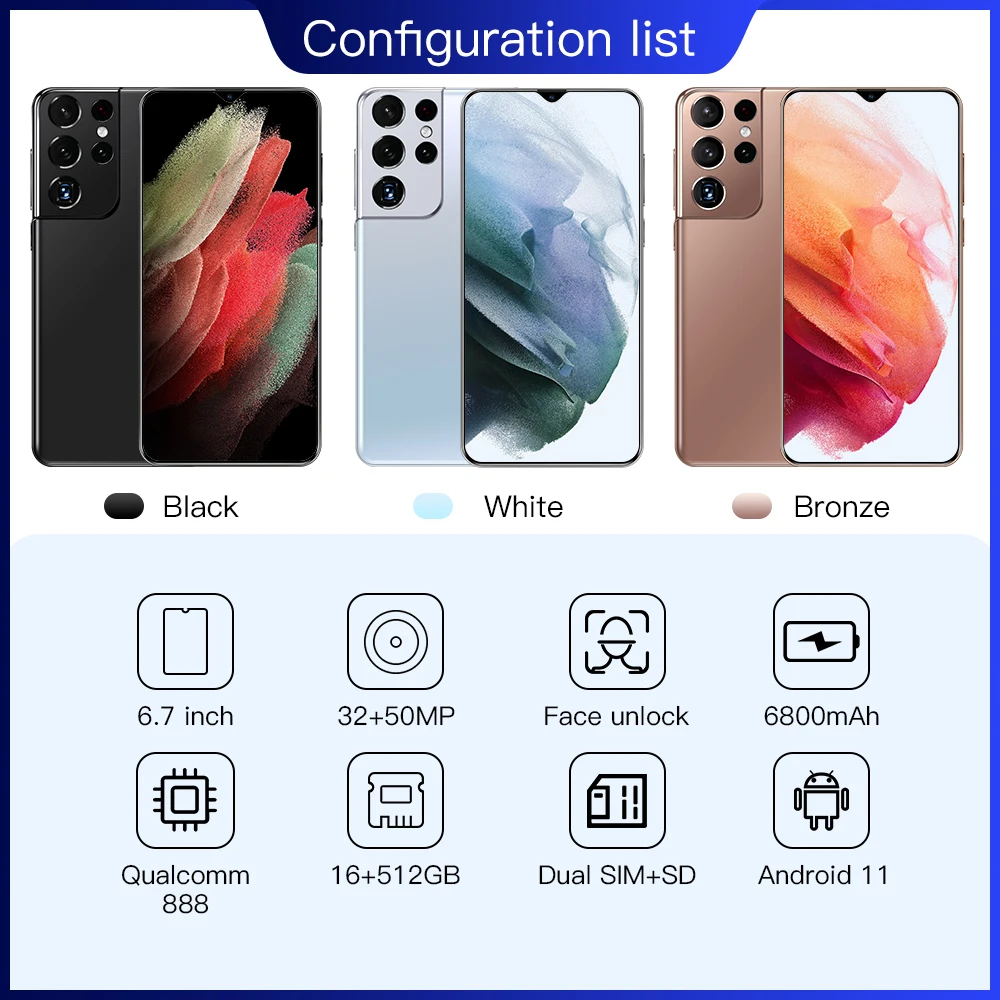 

Newest S21 Ultra 5G Global Version 16+512GB Andriod 11.0 Cell Phone 6800mAh Big Battery 32+50MP Qualcomm888 Face ID Smartphones