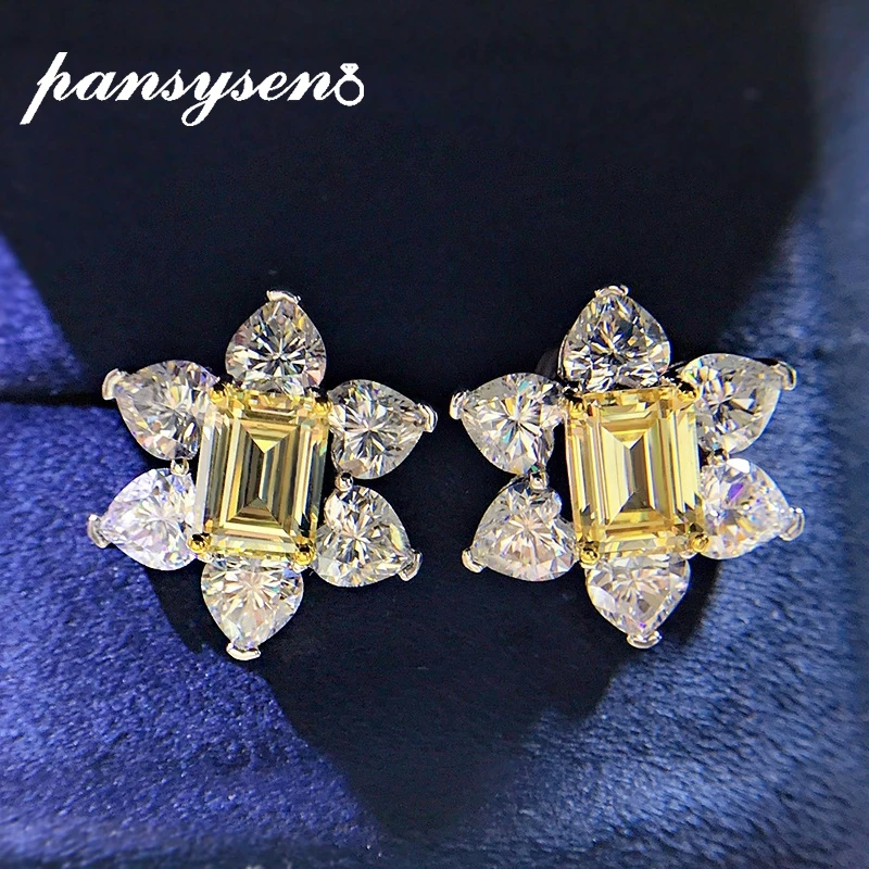 

PANSYSEN Flower 925 Sterling Silver Emerald Cut Citrine Created Moissanite Gemstone Wedding Stud Earrings for Women Fine Jewelry