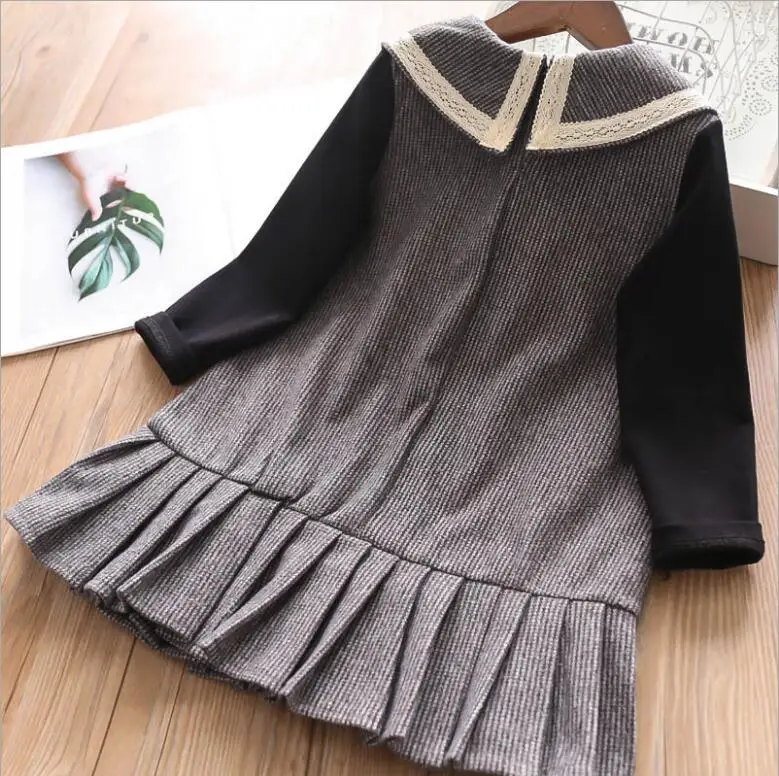 Детские платья для девочек осень 2019 клетчатые кружевные с отложным воротником