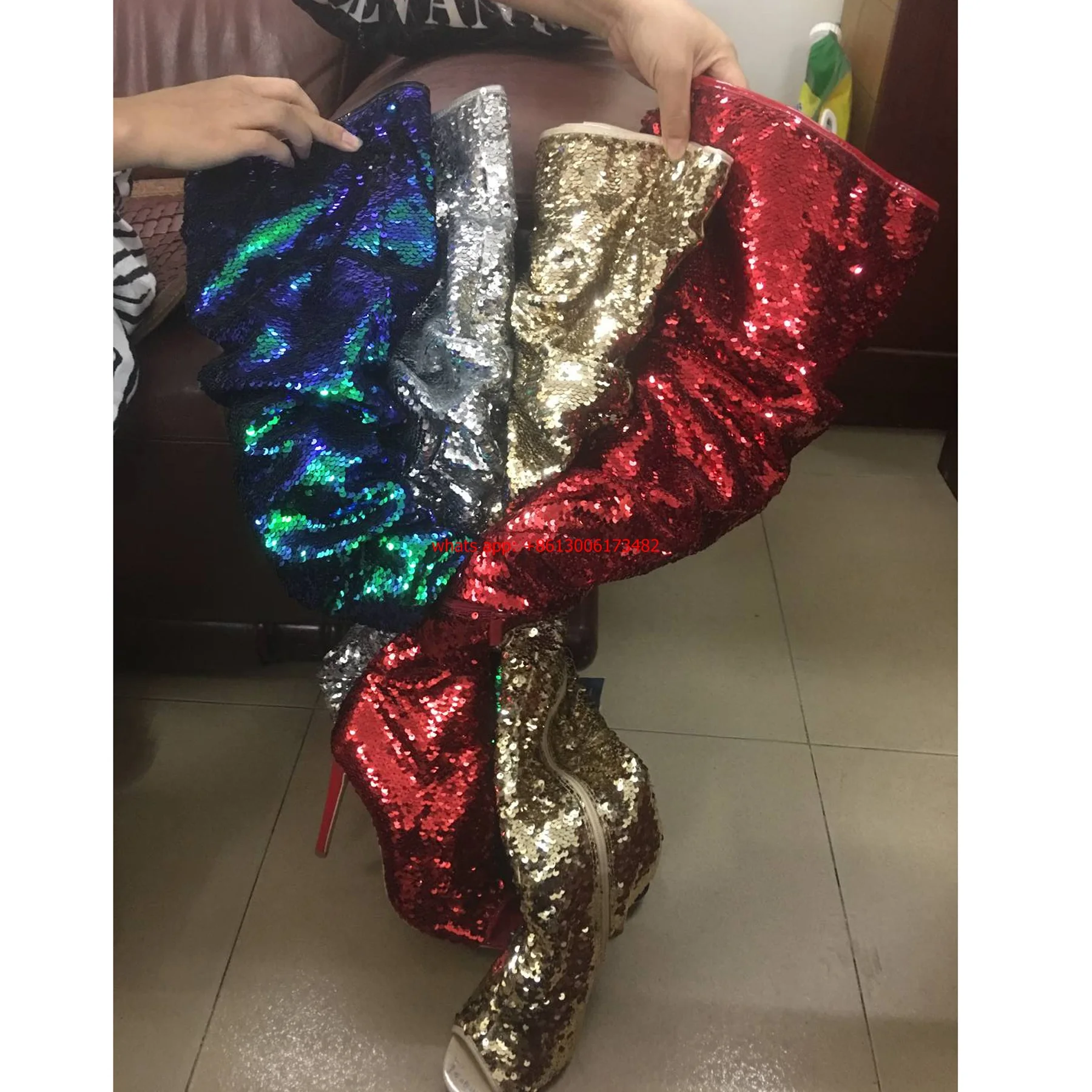 

Fashion sequined peep toe stiletto over the knee high heel boots stage performance woman boots whole Sequins thigh high boots