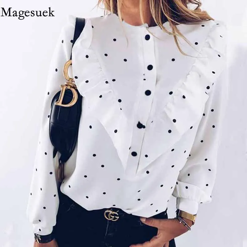 

Autumn Single-breasted Polka Dot Long Sleeve Streetwear Shirt Fashion V-shaped Ruffle Stitching O-neck Blouse Women Blusas 12586