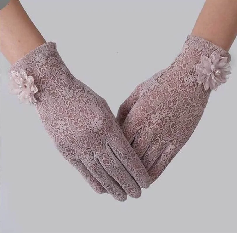 

Spring Summer Driving Gloves Women Touch Screen UV Sun Against Short Thin Cotton Gloves Lace Sunflower Fashion Nonslip