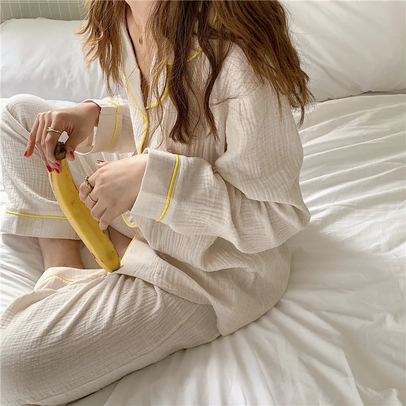 New Double Layer Yarn Cotton Pajamas Women's Long Sleeve Cardigan Two Piece Suit In Spring And Autumn 2020