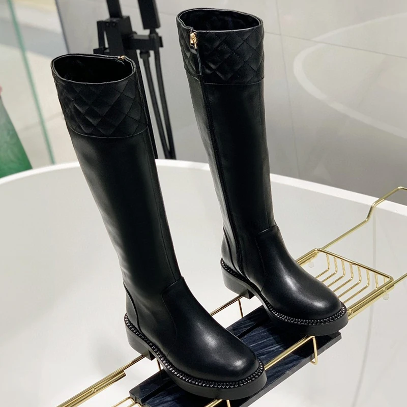 

Luxury Brand Knee High Boots Women Genuine Leather Long Boots Tall Boots Flat Heels Shoes Elegant Female Botas Lattice Design