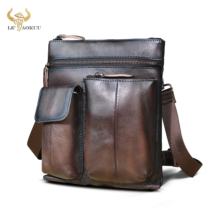 

Natural Leather Male Design Vintage Coffee Travel Shoulder Messenger Cross-body Bag 10" Tablet School University College bag 308