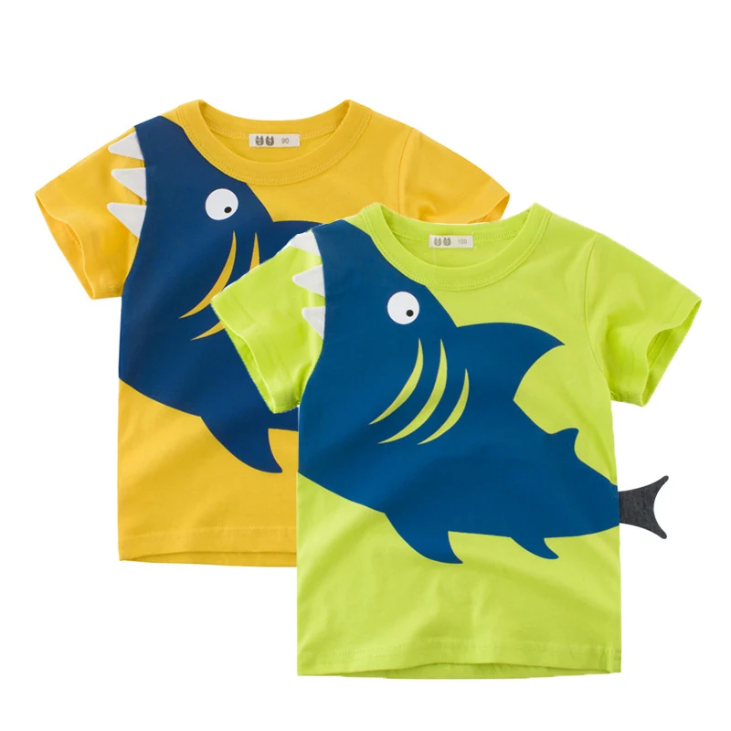 

2-9 лет; Летняя одежда для мальчиков и девочек с изображением акулы из мультфильма; Цвет зеленый, желтый, футболки для детей, хлопковая кофта д...