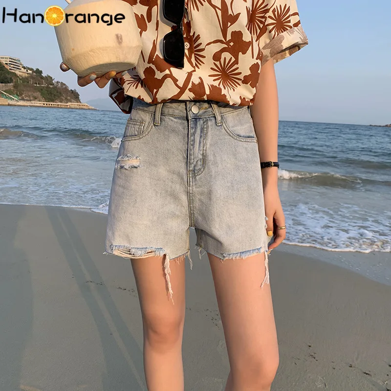 

HanOrange Rough Edges Ripped Denim Shorts Women 2021 Summer High-waisted Loose Straight Mini Pants Light Blue