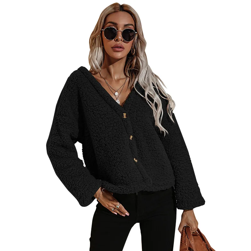 

Coat Women Autumn/Winter 2021 Women V-neck Long-sleeved Top Fashion Plush Jacket Solid Color Fashion Outerwear & Coats Donsignet