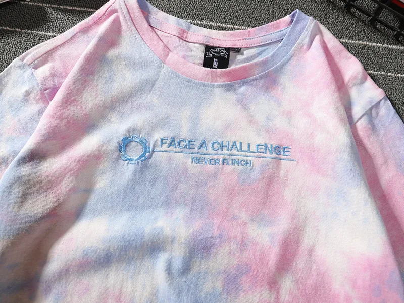 

Women's Short-Sleeved Loose Chic Hong Kong-Style Top Tie-Dye O Neck Korean-Style Mid-Length Ultra-Fire Ins Female Shirts