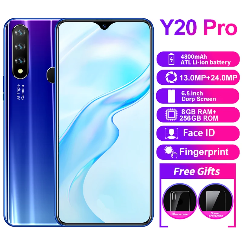 

Global Version Y20Pro Smartphone 6.7Inch 8G+256GB Android10 Core Cellphones 4G 5G 4800mah 13MP+24MP MTK6899 Telephone Celulares