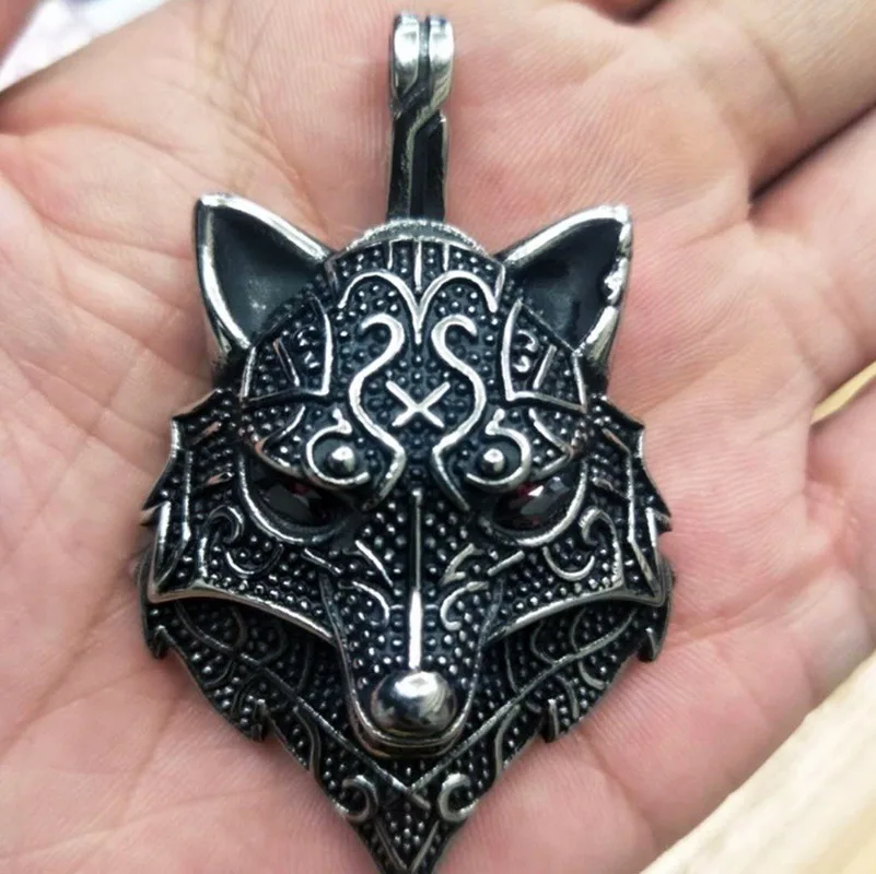 Мужское ожерелье из нержавеющей стали с подвеской в виде головы волка красными