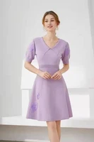 2021 autumn fashion sweater dress high quality women turn down collar lurex embroidery short sleeve black purple knitted dress