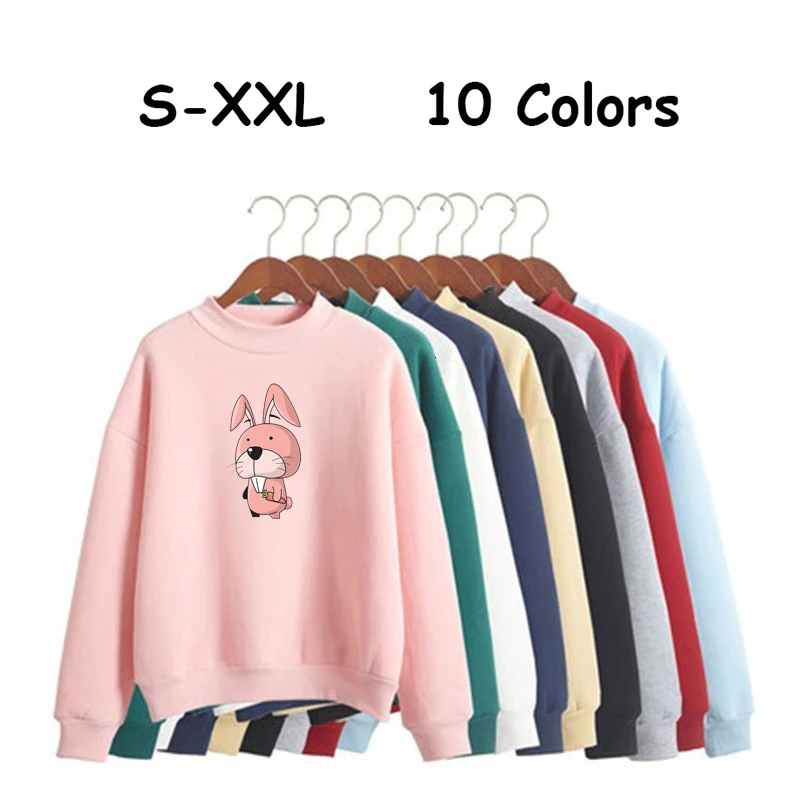 Осенне зимние розовые женские пуловеры с круглым вырезом и принтом кролика