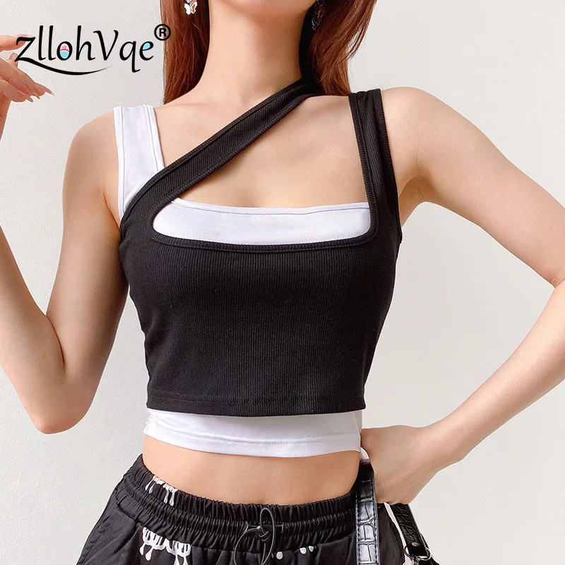 

Zllohvqe Patchwork Tank Top Fashion Bandage Top Women Sleeveless Exposed Navel Vest Top