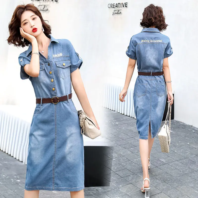 

2021 Autumn French Women Denim Dress Turn-down Collar Empire Casual Single Breasted Short Sleeve Straight Vestido