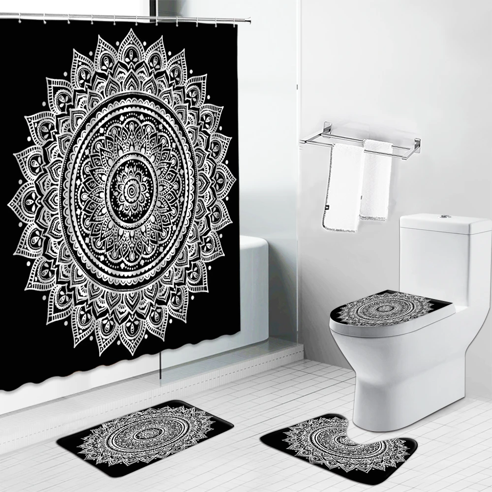 

Indian Ethnic Flower Paisley Medallion Mandala Shower Curtains Set Retro Arabic Bathroom Decor Screens Bath Mat Toilet Cover Rug