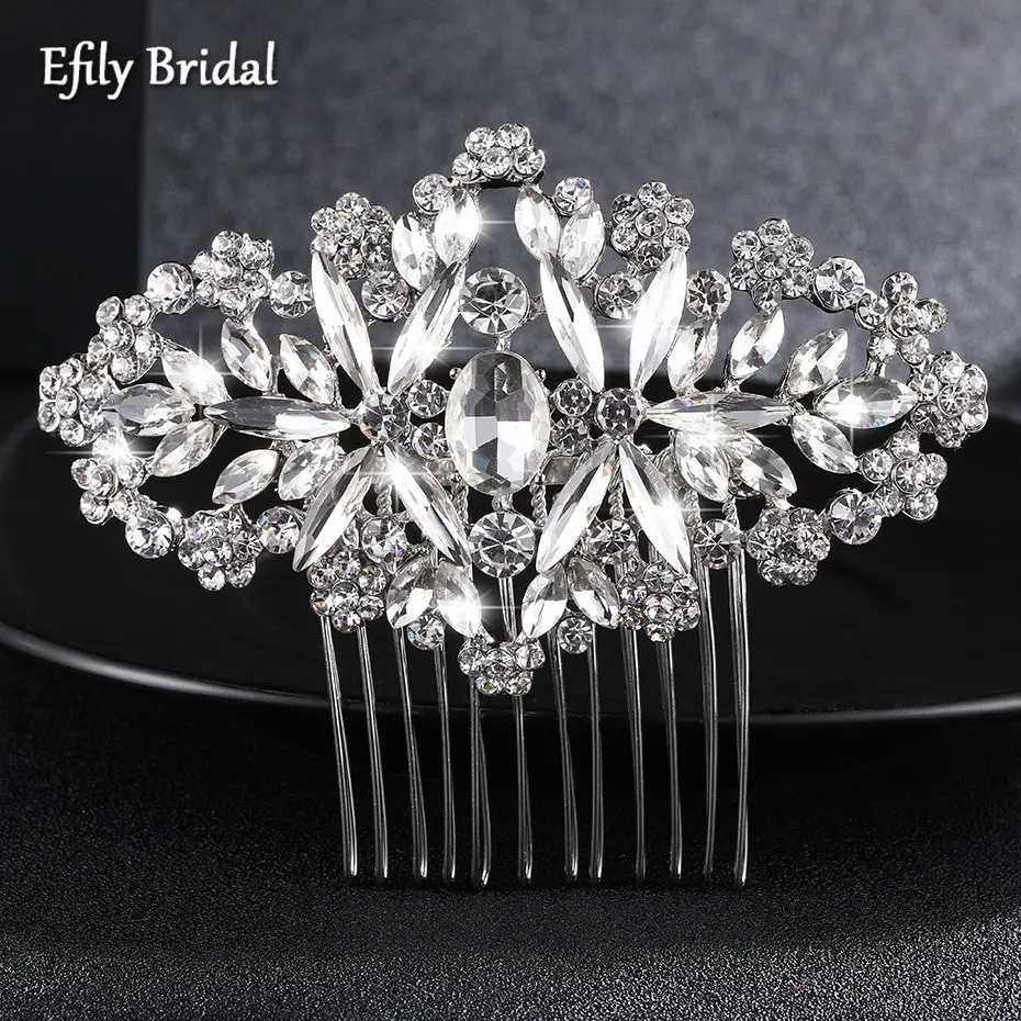 

Efily Silver Color Rhinestone Flower Bridal Hair Comb Clip Wedding Hair Accessories Bride Headwear Women Jewelry Bridesmaid Gift