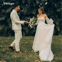 verngo boho wedding dresses puff long sleeves sweetheart lace applique sweep train country bridal gowns elegant robe de mariage
