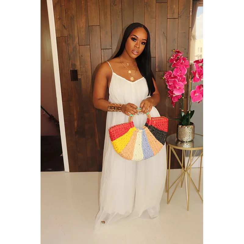 

Echoine Strap Backless Chiffon pleated Maxi Long jumpsuit Summer Vacation Beach Vintage Elegant Robe Women 2021