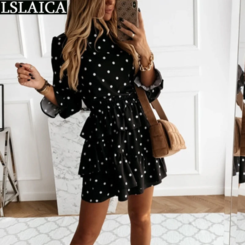 

Dresses for Women 2020 Polka Dot Print Ruffle Woman Dress Fashion Streetwear Hot Sale Party Long Sleeve Mini Vestido De Mujer