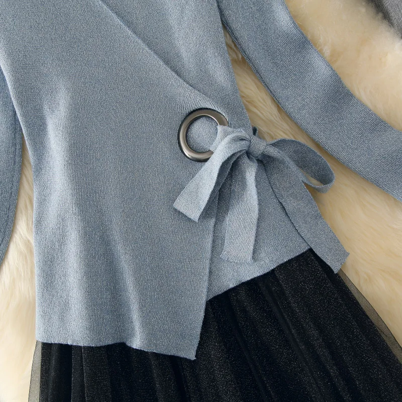ALPHALMODA модный костюм платье осеннее платье тонкий свитер с длинными рукавами+ Сетчатое платье Элегантный комплект из 2 предметов
