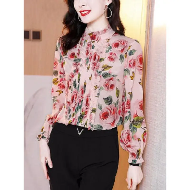 

Imitation silk shirt women's long-sleeved high-end printed t-shirt spring and autumn 2021 new fashion western-style blouse