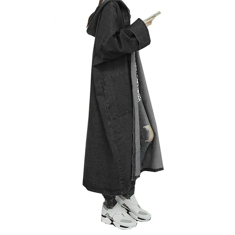 

Mazefeng 2020 New Fashion Loose Long Sleeve Women Denim Trench Hooded Denim Trenches Coat Casual Chic Long style Coats for Women