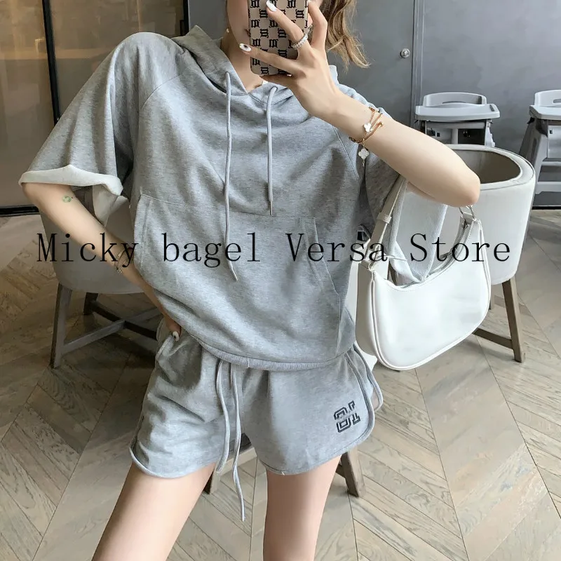 

21 luxury brand letter printing fashion women's versatile hooded short sleeve Pullover + high waist casual shorts wide leg pants