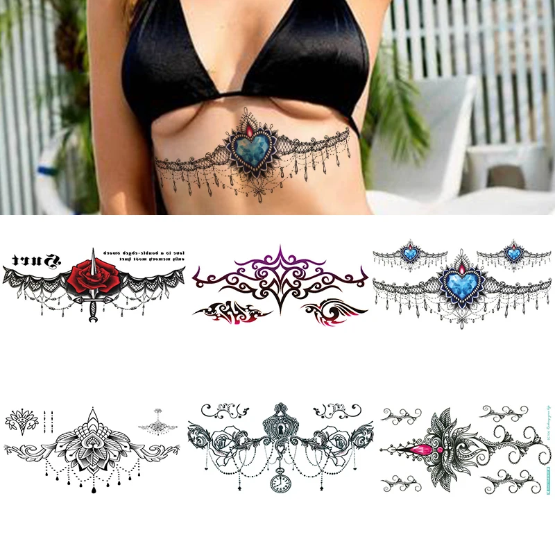 100 Piece Wholesales Lace Chest Waterproof Temporary Tattoo Sticker Jewelry Flower Decal Body Waist Leg Tatto For Woman Girl