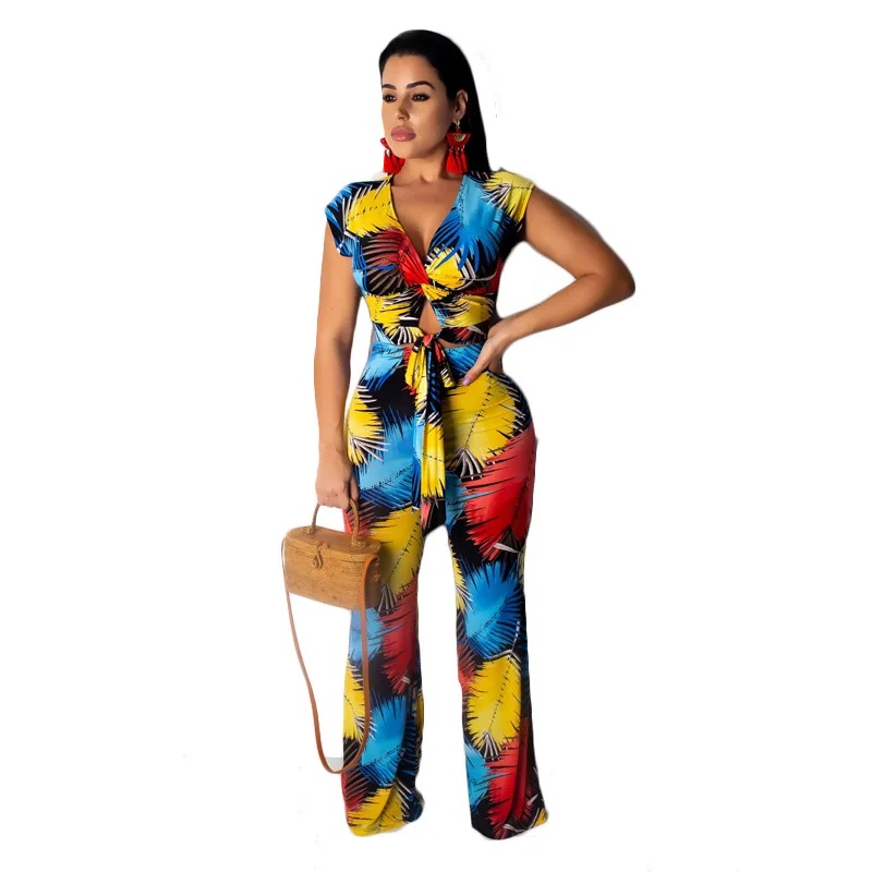 Contrast Color Leaves Print Women 2 Piece Suit Sexy V Neck Short Sleeve Lace Up Crop Top+Casual Full Pants Big Size Set | Женская одежда