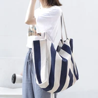 striped print tote handbag for women large capacity casual shoulder messenger bag soft foldable canvas cotton cloth shopper bags