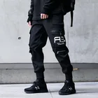 Брюки-карго мужские с лентами, черные джоггеры-султанки с множеством карманов, спортивные штаны в стиле Харадзюку, повседневные брюки-султанки в стиле хип-хоп