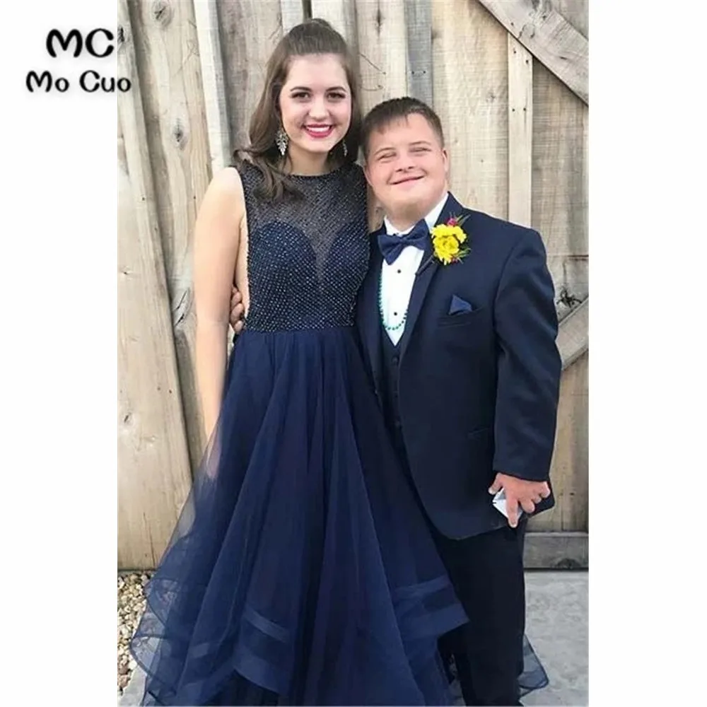 

Beading Dark Blue Puffy Evening Dresses Long Sleeveless Floor Length Prom Gown Tulle Formal Evening Party Dress for Women