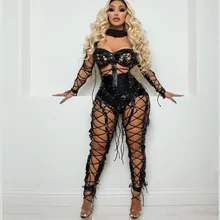 Sexy Bandage Jumpsuit Performance Costume Outfit  Stage Performance Nightclub show Bodysuit Wear 