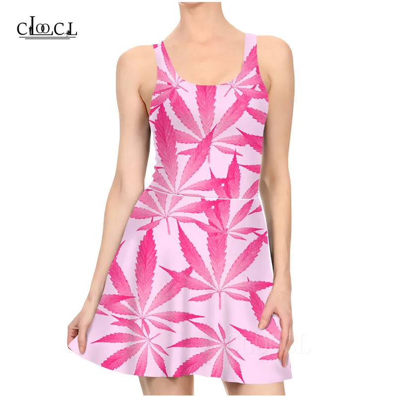 Женское летнее розовое платье с принтом в виде листьев конопли|Женские платья| |