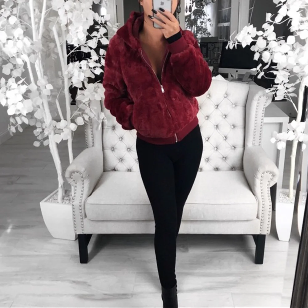 

9-colors Artificial Fur Red Coat Women's Autumn Winter jackets With hood Female Warm Short Moto biker Zipper Women clothing 2020