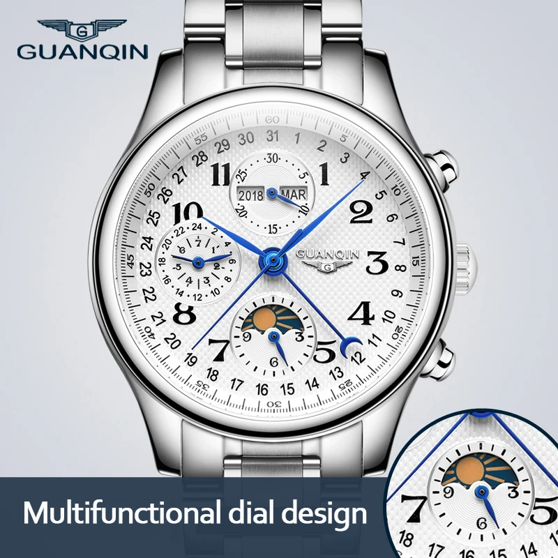 

GUANQIN Automatic Watch Men Sapphire Multifunction Lunar Phase Men Watch Waterproof Date Calendar Mechanical Watches