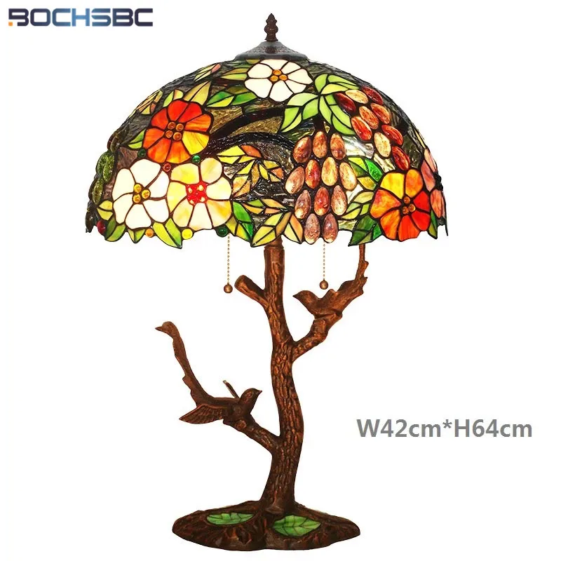 Kopen Bochsbc Tiffany Stijl Tafellamp Tuin Wijngaard Orchidee Bird Boom Bureaulamp Gebrandschilderd Glas Bed Verlichting Mozaïek Lichten