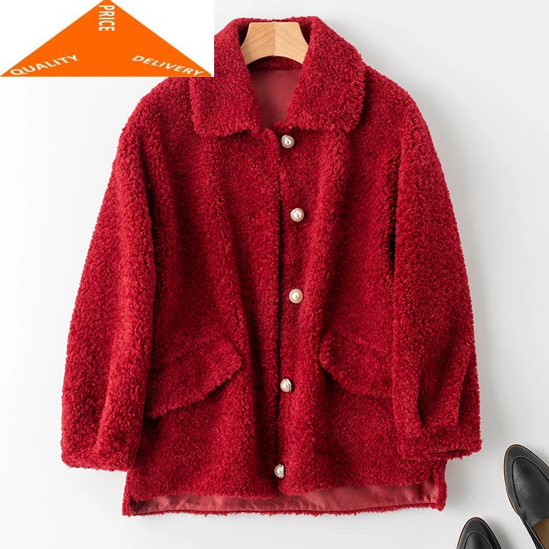 

Women Warm Winter Clothes 2020 100% Sheep Shearing Female Korean Real Fur Coat Ladies Red Wool Jacket Hiver BG-0099A