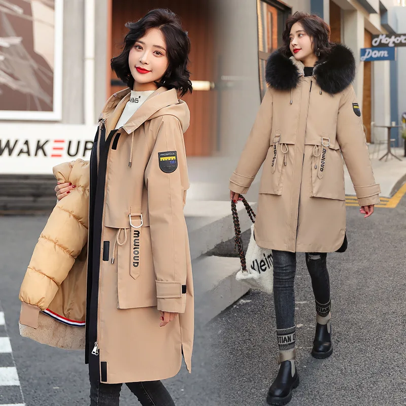 Korean Version Of Fashion 2022 New Style Pie Overcoming Coat Female Long Plus Velvet Liner Big Fur Collar Cotton Jacket