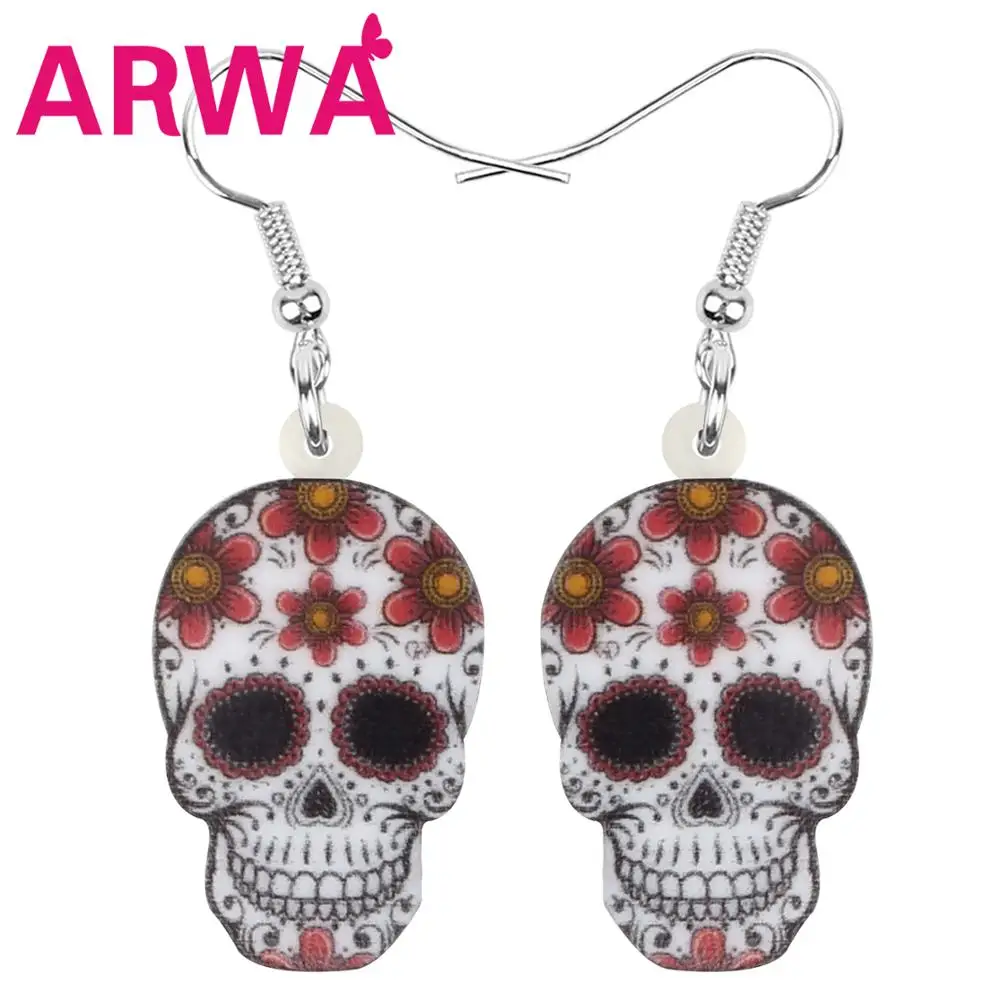Акриловые серьги ARWA в виде цветка, черепа на Хэллоуин, висячие серьги-капельки с принтом, ювелирные изделия для женщин, девочек, подростков, ...