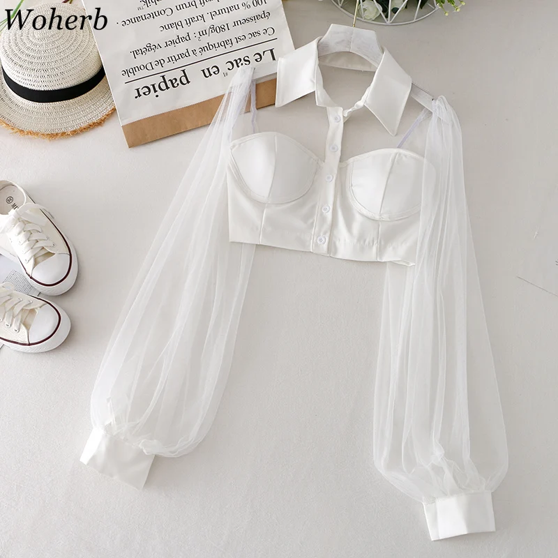 Блузка женская сетчатая с открытой спиной и рукавами-фонариками | Женская одежда