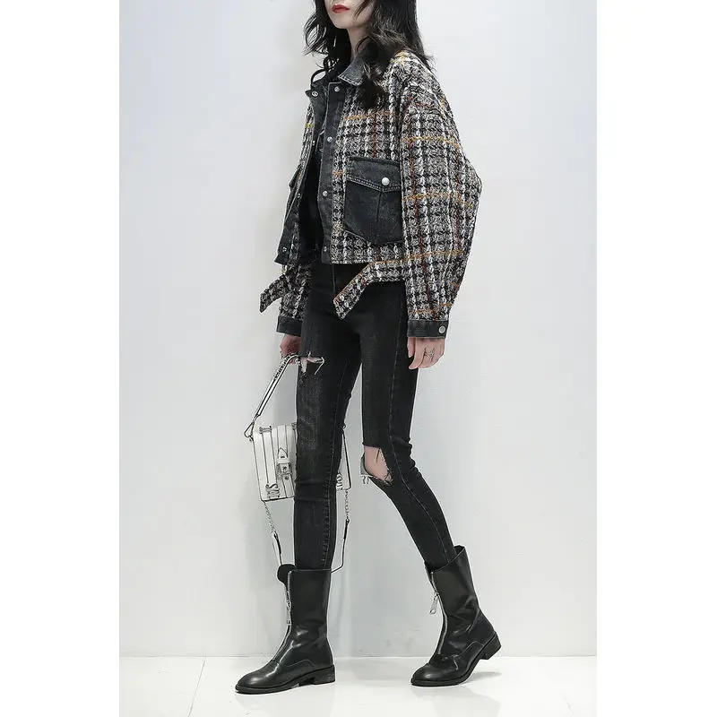 

Graceful Jacket Women's 2020 Spring and Autumn New Korean-Style Loose Short-Height Panel Denim Plaid Trench Coat Short