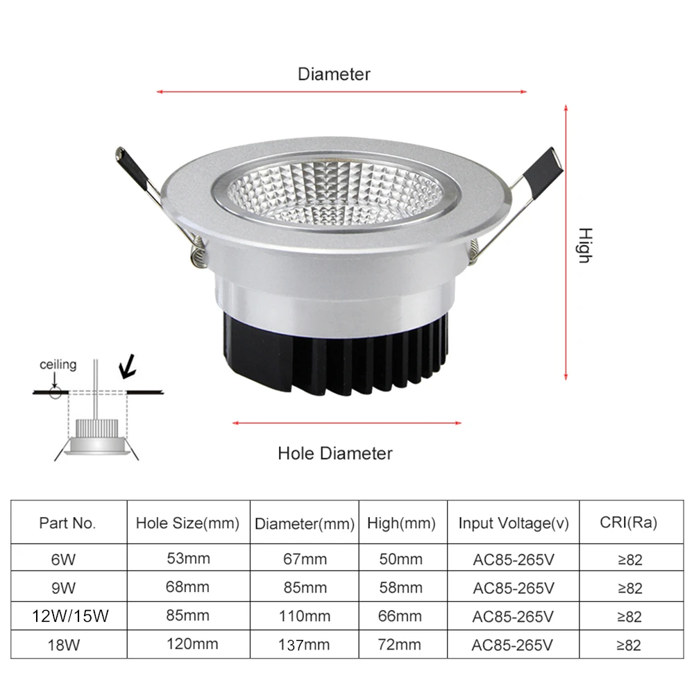 Foco LED COB regulable de ángulo ajustable, lámpara empotrable de techo, 6W, 9W, 12W, 18W, AC110V, 220V, luz descendente, decoración del hogar