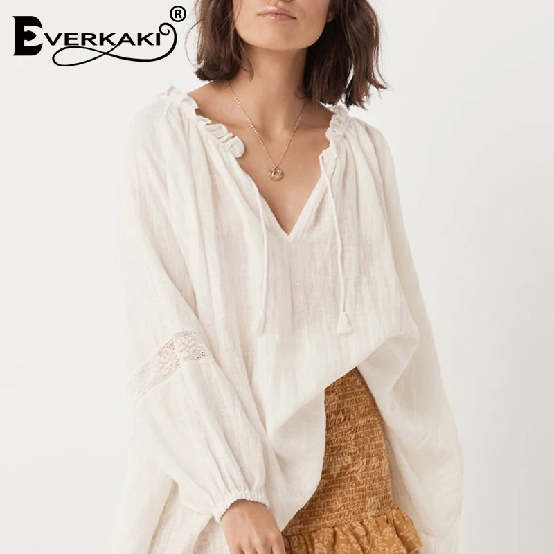 Женская блузка с кисточками Everkaki элегантная однотонная в стиле бохо длинными