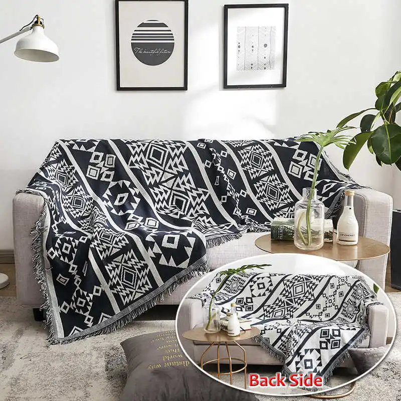 

Double Sides Throw Blanket Black White Geometric Pattern Knitted Cotton 130x180cm Bed Spread Couch Covering Quilt Floor Carpet