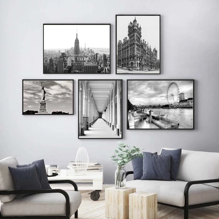 

Black White Canvas Painting World City Landscape Paris London New York Poster Prints Nordic Style Wall Art Picture Home Decor