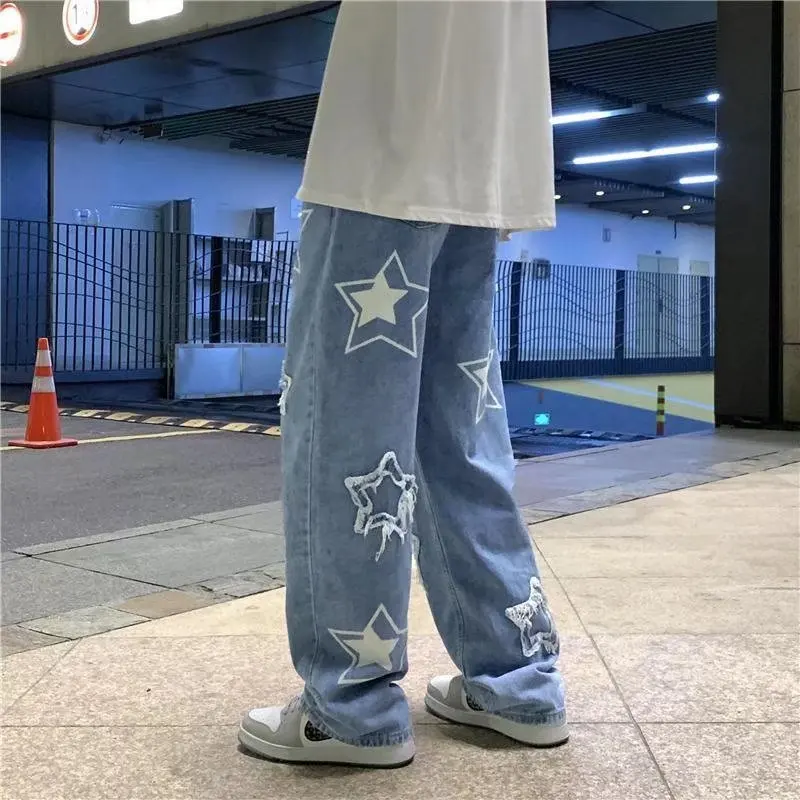 V-hanver Fashion Stars Print Retro Denim Pants Mens High Street Loose Straight-leg Pants Streetwear Casual Jeans Trousers Men